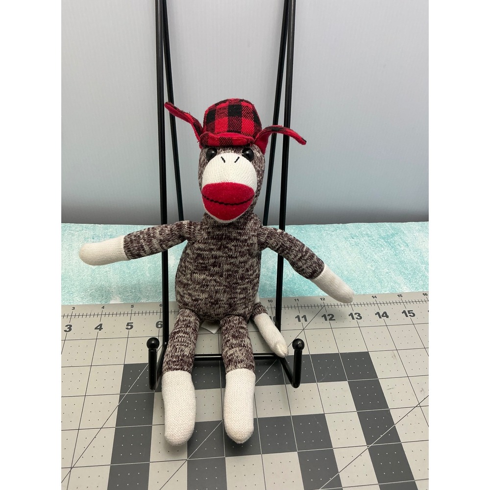 Galerie Sock Monkey Plush Brown Marled Knit Buffalo Plaid Trapper Hat 11 inch
